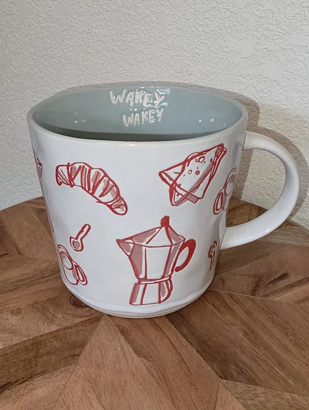 Prima Design Wakey Wakey Ceramic Coffee Mug with Red Breakfast Icons